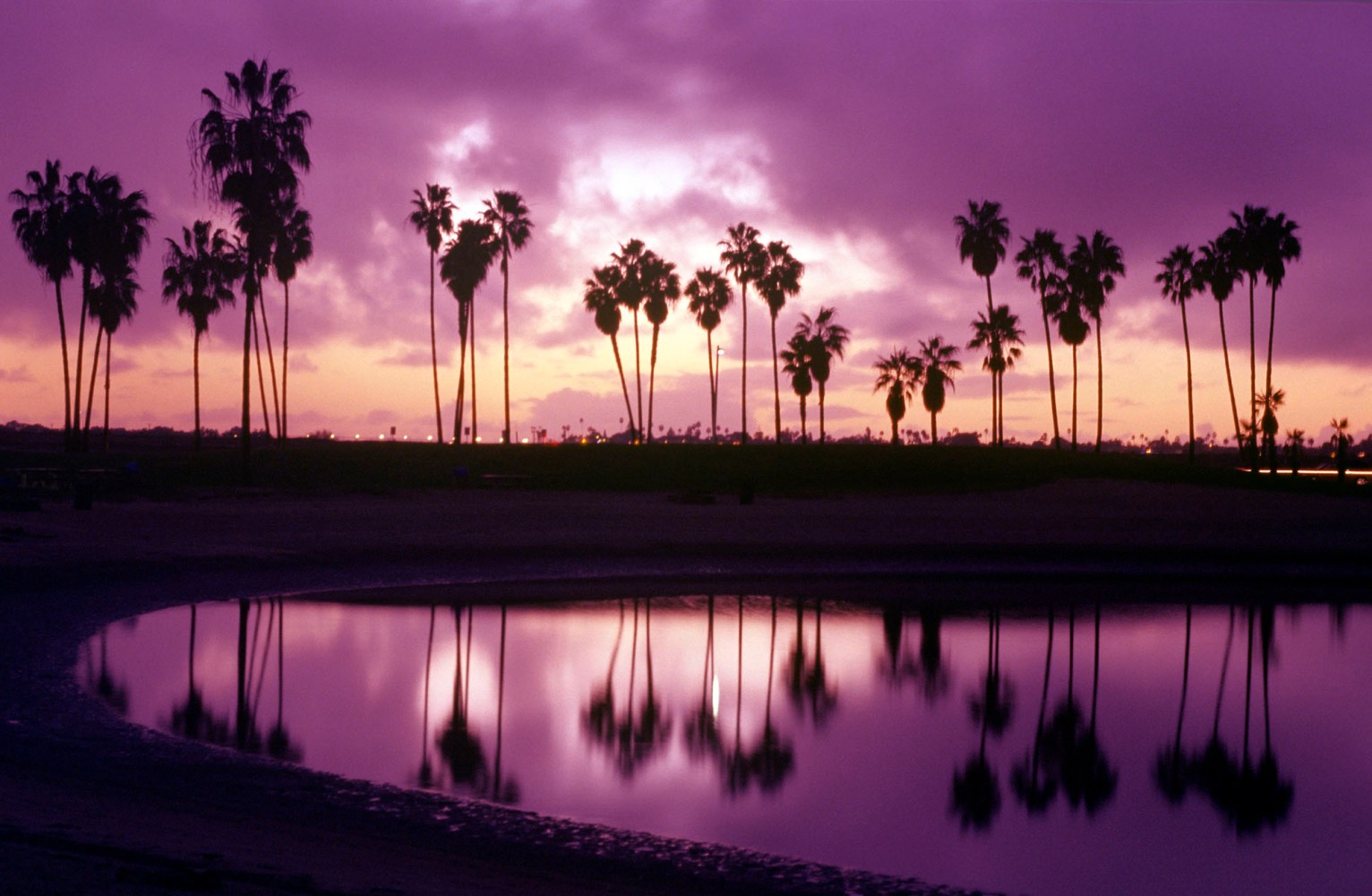 The sun sets on Mission Bay in San Diego over palm trees on a cloudy day